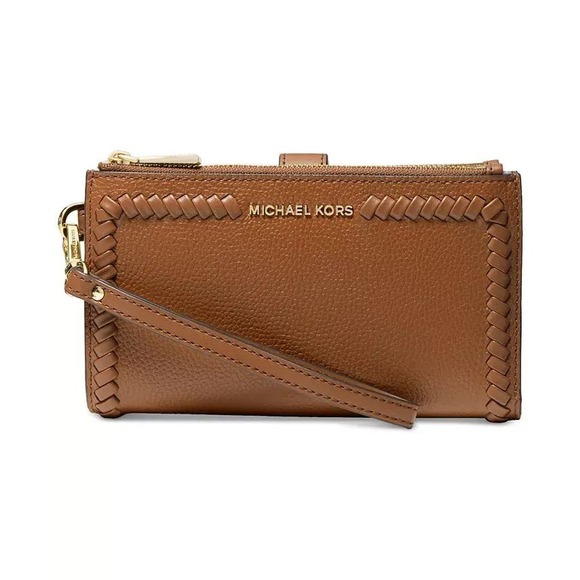 Michael Kors Jet Set Double Zip Leather Wristlet Clutch In Luggage Leather, NINA - Picture 1 of 6